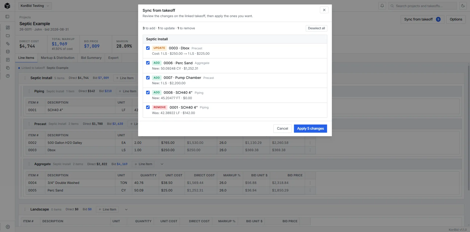 KonBid takeoff syncing utility pipe quantities into an estimate